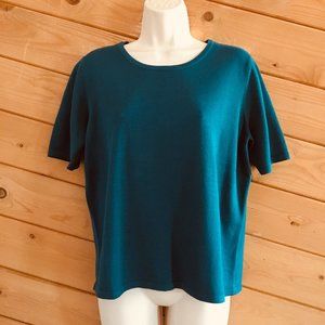 Liz Baker Petite Dark Teal Green Short Sleeve Sweater Shirt Top Relax Fit Large